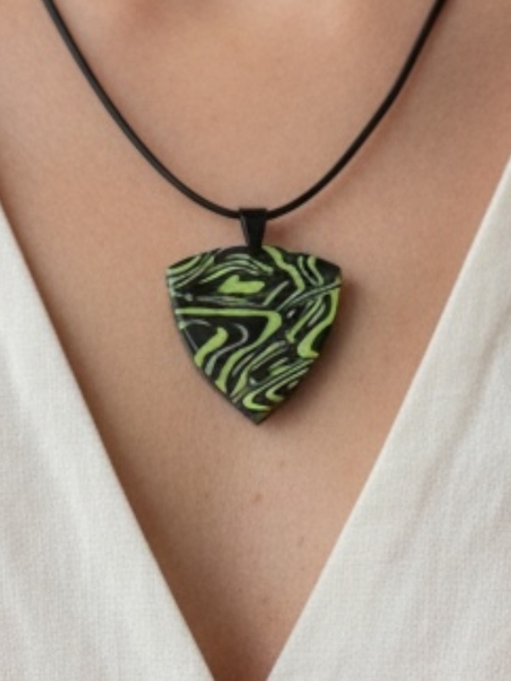 Green & Black Marbled Handmade Polymer Clay Large Pendant Necklace SS Clasp